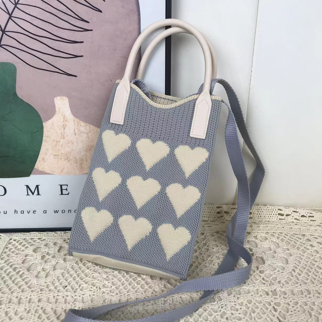 Nuevo amor bolso del teléfono móvil bolso de punto al por mayor de gran capacidad bolso de mano estudiante crossbody bolsa de lana fábrica