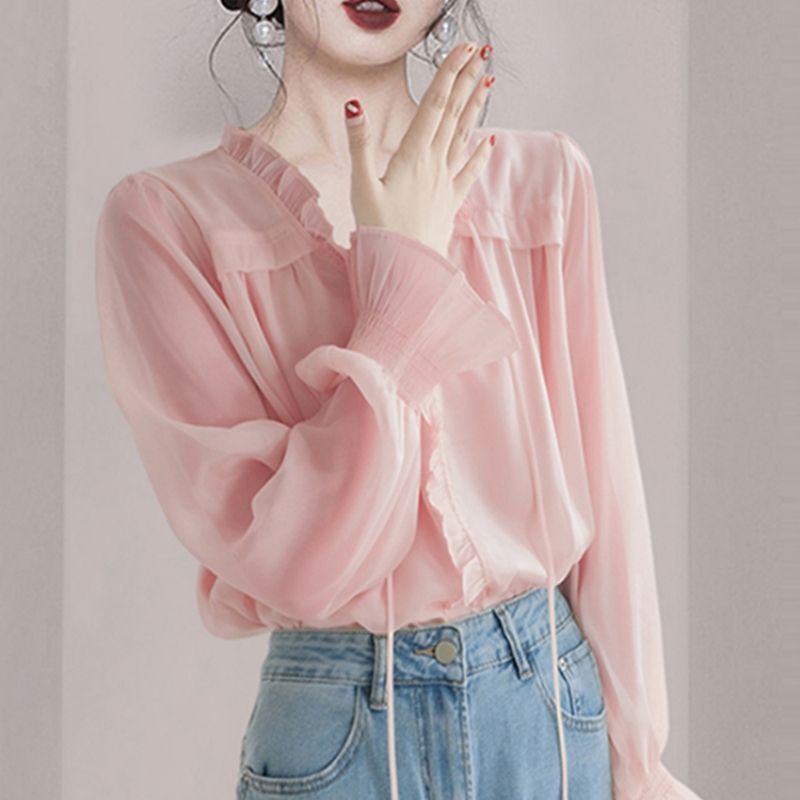 French Style Gentle Style Ruffled Long-Sleeved Chiffon Shirt Spring and Summer New Arrival Western Style Small Shirt Loose Horn Sleeve Top for Women