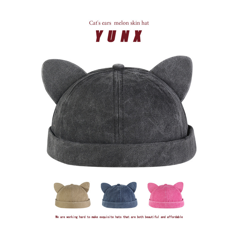 Ins Cute Cat Ears Floor Man Hat Women's Solid Color Melon Hat Couple's Travel Sunscreen Deviruchi Hat Men's Trendy