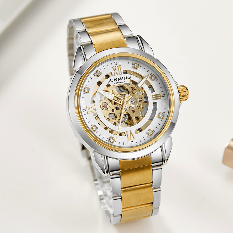 JUNMING marca reloj deportivo impermeable luminoso automático reloj mecánico moda hueco reloj de los hombres