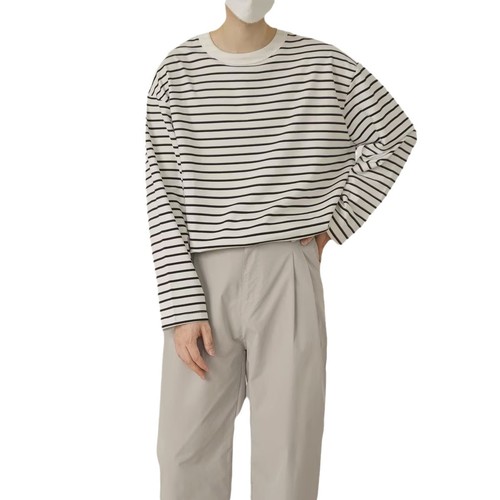 Spring and Autumn New Korean Style Trendy Stylish Retro Striped Print Crew Neck Long Sleeve T-shirt for Men Loose Fit Top