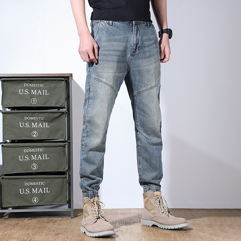 有蓝|2022春季男士新款日系简约复古牛仔裤潮牌辑线宽松束裤