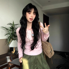 美式亨利领长袖t恤女春季新款辣妹镂空针织衫修身打底设计感上衣