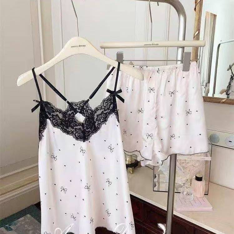 French-Style Sweet Cartoon Pajama Set for Women, Ice Silk Camisole and Shorts Loungewear with Lace Trim — detail image 5