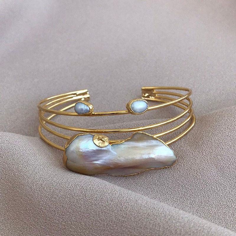 Amazon Pearl Bracelet Brass Irregular Cuff Bracelet Bridal Holiday Mother Gift Women's Fashion Accessories