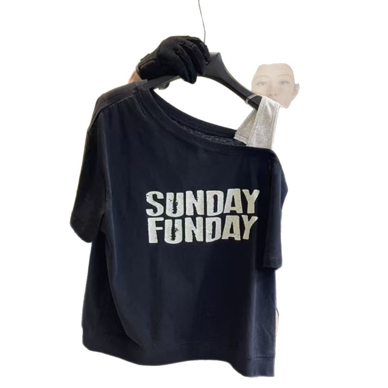 2025夏 オフショルダーサスペンダー コントラストレターカジュアルプリント半袖Tシャツ おしゃれ ゆったり 着痩せ 万能韓国版|undefined