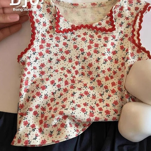 Hong Kong Style Children's Clothing Girls' Camisole Outer Wear Summer New Style Children's Floral Sweet Lace Sleeveless Top