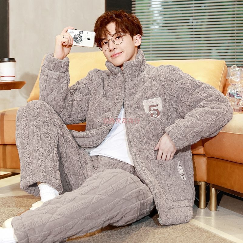 睡衣男秋冬季加厚加绒珊瑚绒三层夹棉袄男士冬款天超厚保暖家居服
