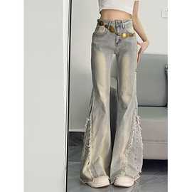 设计感小众毛边微喇叭牛仔裤女新款美式复古高腰显瘦辣妹马蹄裤子