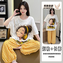 (现货)2025带胸垫睡衣女夏季短袖长裤可爱卡通加肥大码家居服套装