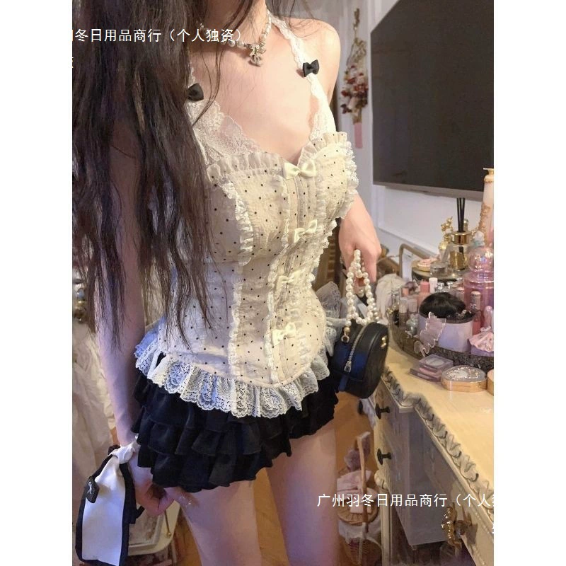 Молодежный тонкий топ на бретельках во французском стиле с кружевом в горошек и юбкой-тортом, элегантный комплект.