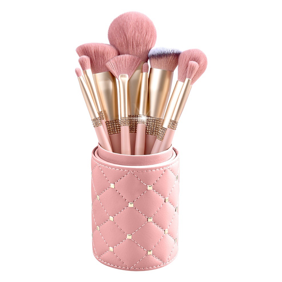 Juego de 10 brochas de maquillaje color rojo coral con cerdas suaves para sombra de ojos y base, herramientas de artista de belleza en una elegante caja de regalo.