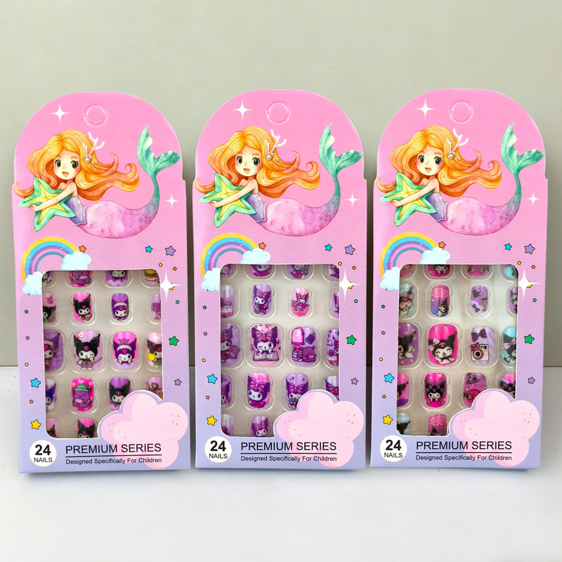Children's Wearable Nails, Sweet Girl Style Wearable Fake Nail Patches, Cute Cartoon Design for Students and Older Children