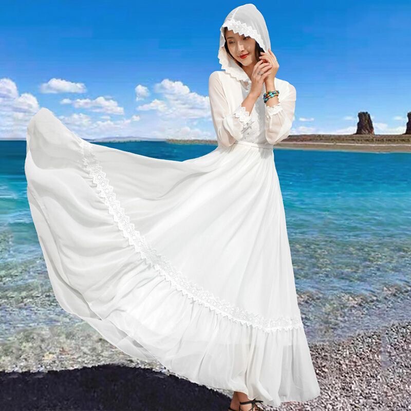 Summer Travel Photo Shoot Big Red Long Skirt New Fairy Chiffon Dress Hooded Vacation Beach Skirt Big Hem Long Skirt