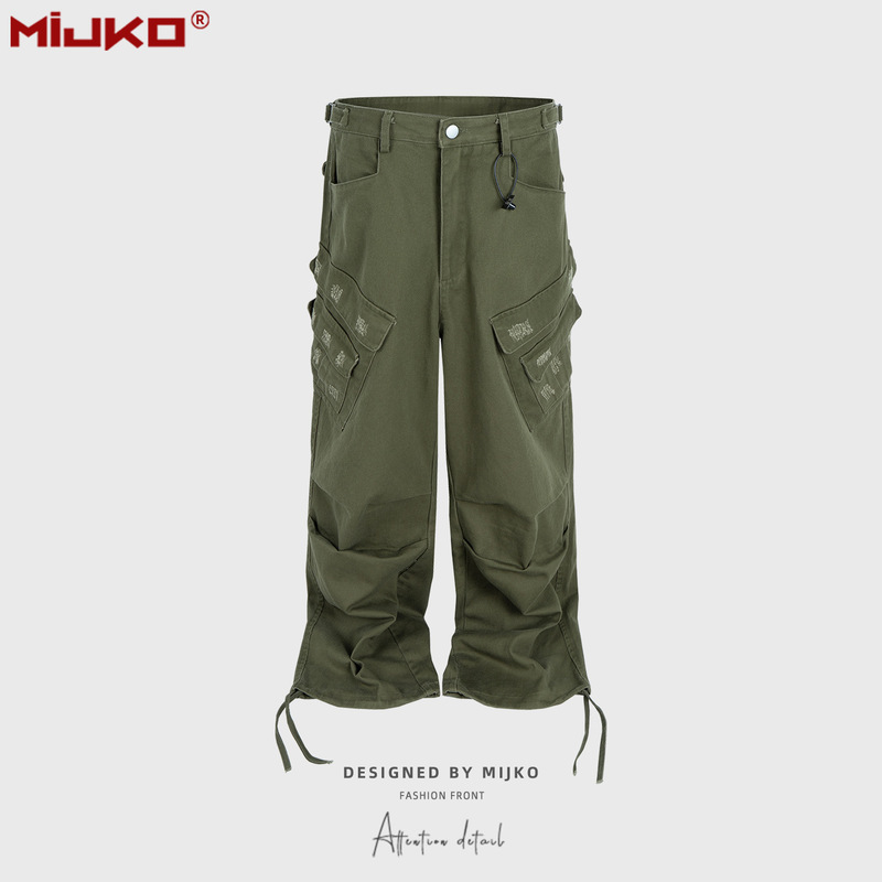 MIJKO男装女多口袋可抽绳束脚裤脚休闲裤 水洗做旧Vintage工装裤|undefined
