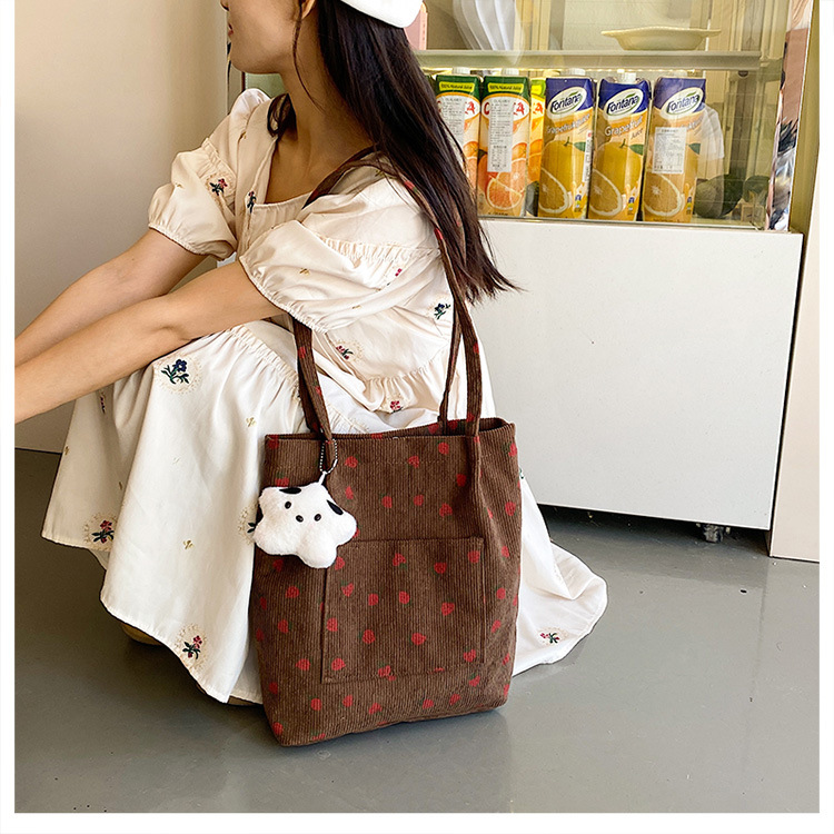 375g Weight Polyester Lining Material Magnetic Buckle Closure Type Double Shoulder Straps Strap Type Bucket Bag Bags Type Holiday, Daily Occasion Corduroy Material Strawberry Pattern Spring&Summer Season Women's Gender Cute Style Square Shape Medium Size Women's Medium Corduroy Strawberry Cute Square Magnetic Buckle Bucket Bag 10