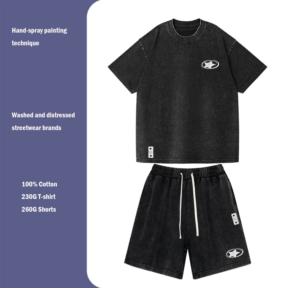 Vêtements pour hommes unisexes, imprimé 3D Surround Star, short tendance en pur coton délavé et vieilli, manches courtes, style décontracté._voghion.com