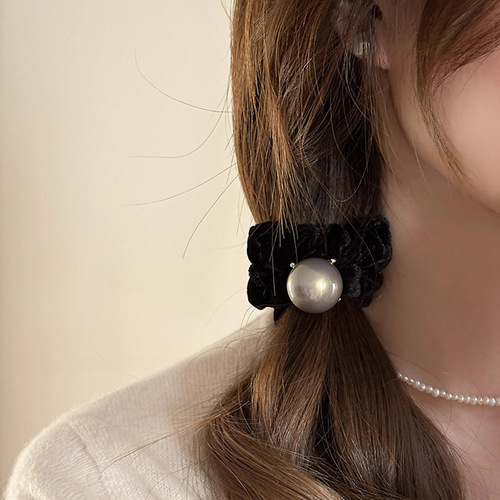 Autumn/Winter Velvet Black Hair Ring for Women  New Style Hair Tie with High-End Pearl Hair Flowers and Hair Ribbon Wide Elastic Band
