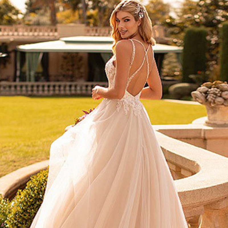 Vestido DE NOVIA DE DOBLE hombro fino 2024 nueva primavera nupcial profundo cuello en V encaje SLIM-Fit de lujo esponjoso vestido de novia