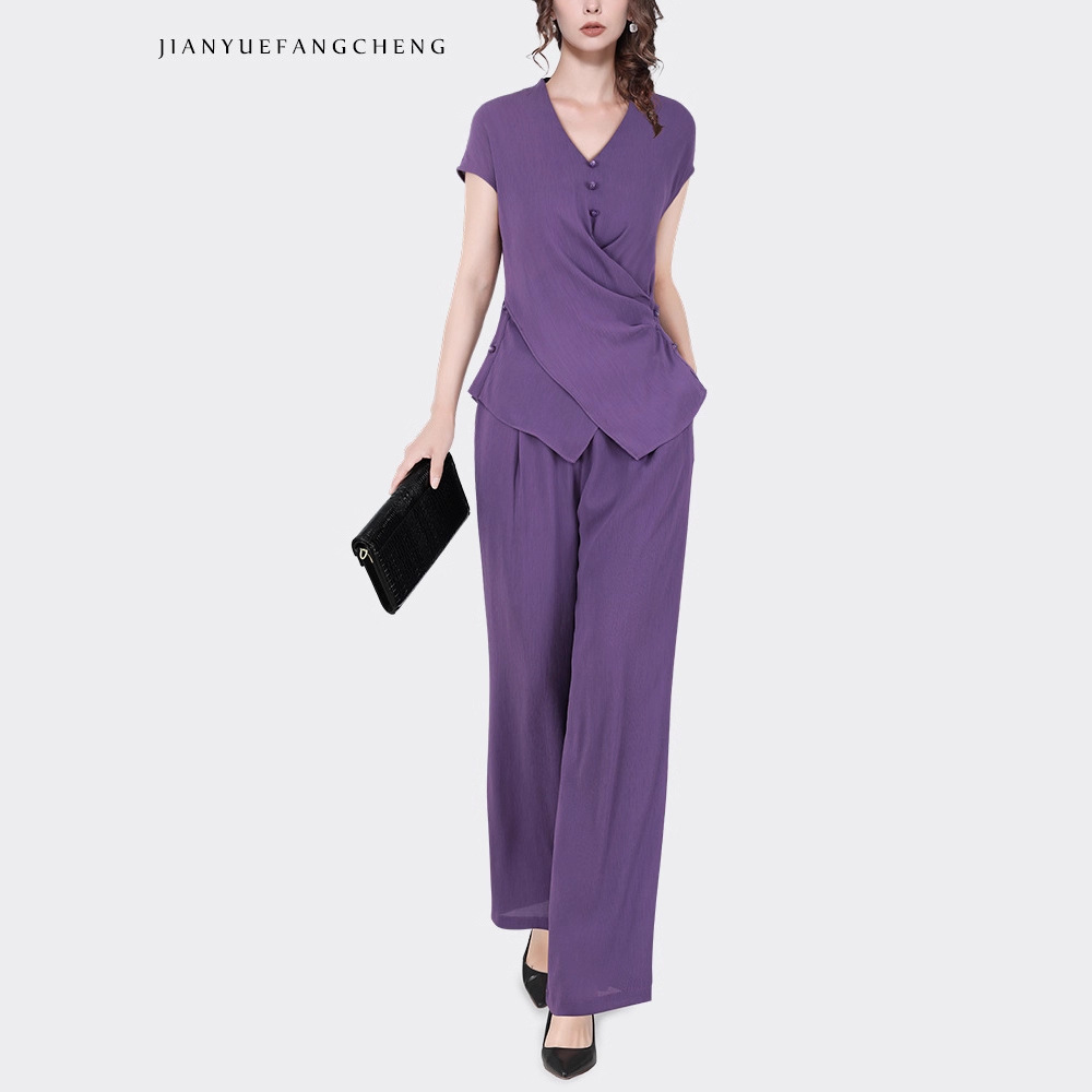 可2025夏两件套紫色雪纺衫上衣女设计感收腰遮肉直筒裤西装裤