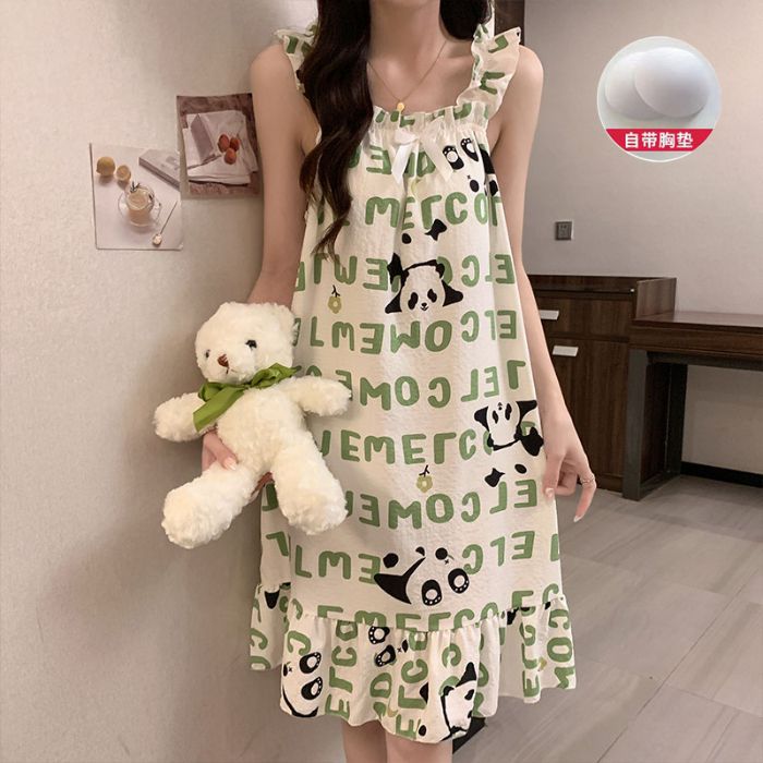 Venta al por mayor transfronteriza nuevo estilo verano honda almohadilla para el pecho pijama mujer lindo dulce y cómodo paño arrugado burbuja camisón de longitud media