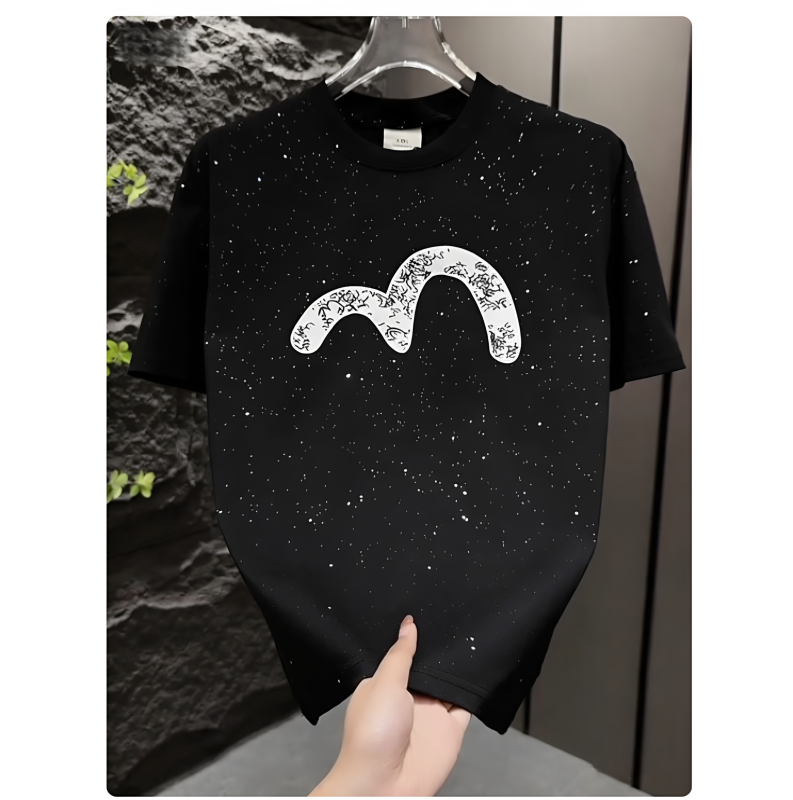 Trendy American-Style Fushen Letter Print Short-Sleeve T-Shirt for Men and Women, Summer Thin Couple's Outfit, Starry Sky Top T-Shirt