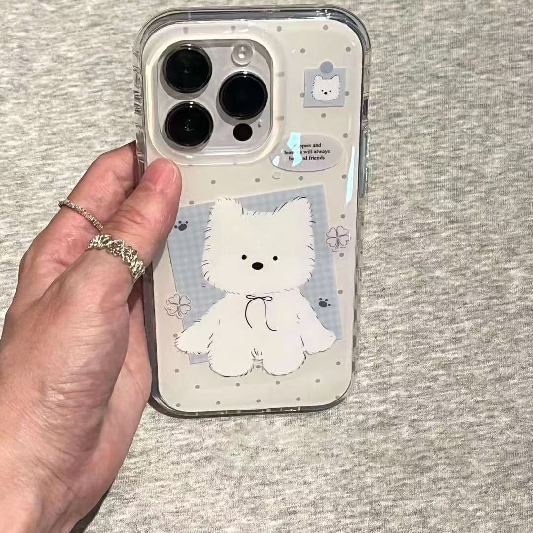 Pins coreanos a cuadros lindo West Highland para Apple 16/15ProMax funda para teléfono móvil iPhone 14 cadena 13