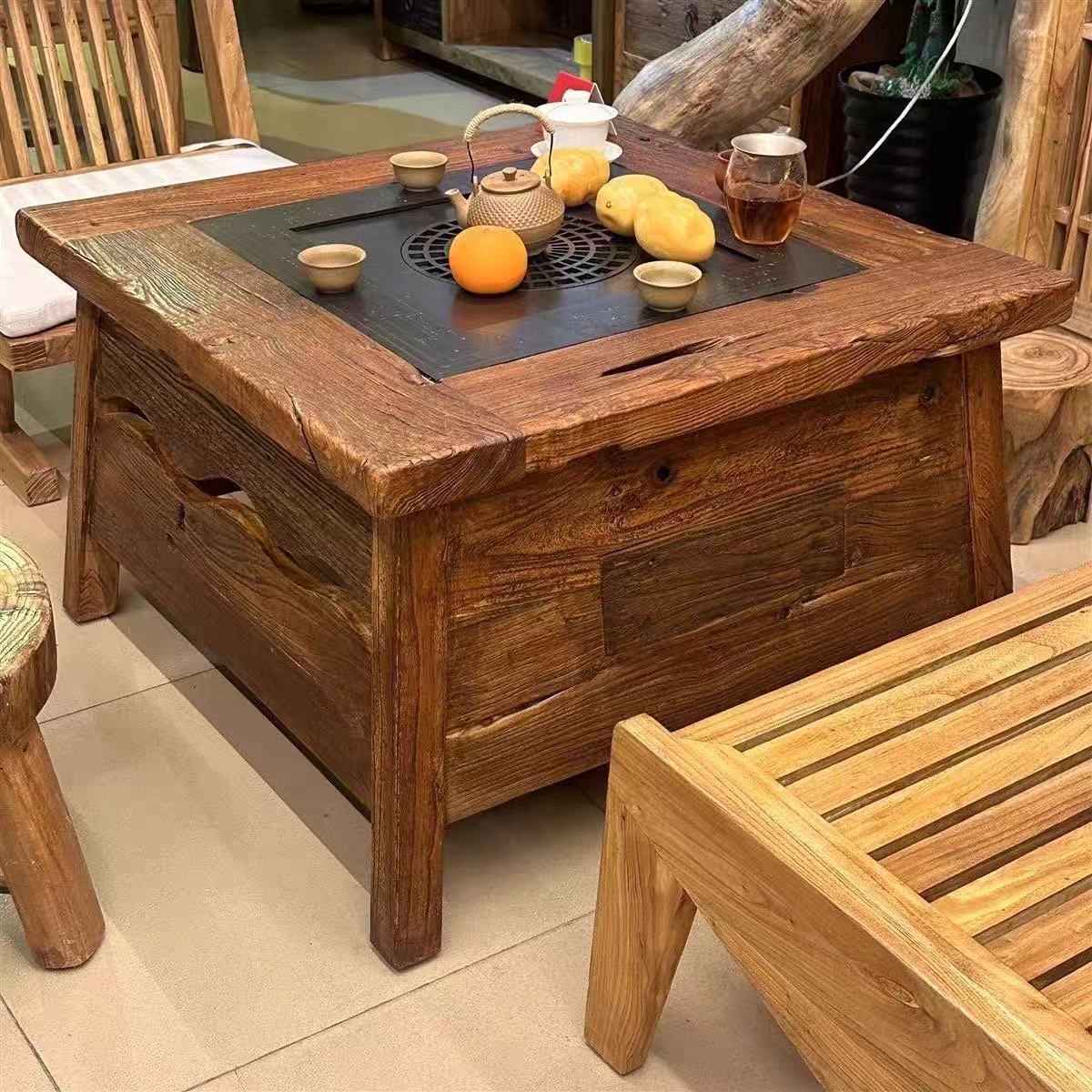 Old Elm Summer Iced Tea Table for Home Use, Tea Brewing Table for Balcony and Living Room, Charcoal Barbecue Set, Hot Pot Table, Square Table