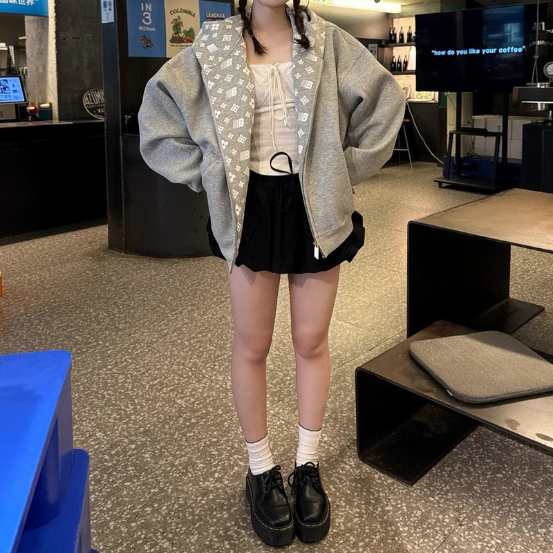 休闲学院慵懒风春秋新款男女松弛感卫衣刺绣连帽开衫短外套|undefined