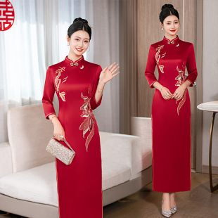 New Acetic Acid Satin Cheongsam Red Double-layer Chinese Style Retro Long High-grade High-grade Mother-in-law Wedding Toasting Dress