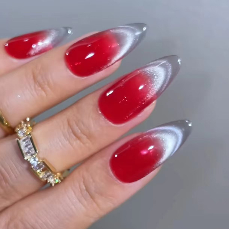 Foreign Trade French Cat's Eye Wearing Manicure Piece Red Nail Piece Gradient Nail Piece Gradient Nail Piece Gradient Almond Piece 24 Pieces