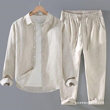 亚麻套装男春秋夏季长袖衬衫男士休闲裤时尚宽松棉麻男装衣服男款
