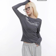 春と秋の新しいホットガール痩身着用 2025 シックなラウンドネックレタープリントトップ女性の長袖 Tシャツ