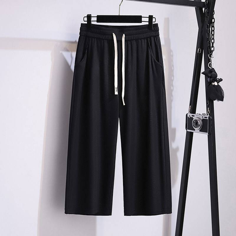 150kg Plus Size Casual Wide Leg Pants 2025 New Ice Silk High Waist Loose Flesh Covering Slimming Cropped Pants Women Summer 150kg Plus Size Casual Wide Leg Pants 2025 New Ice Silk High Waist Loose Flesh Covering Slimming Cropped Pants Women Summer