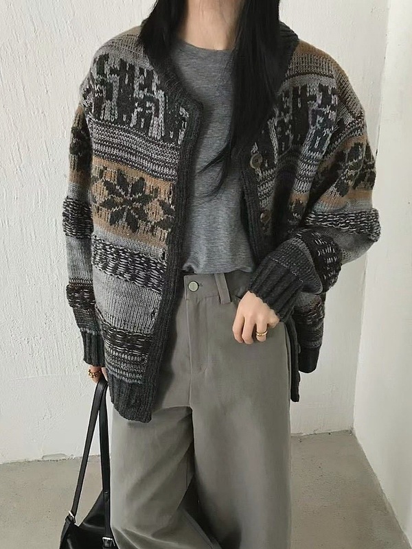 古着文艺复古风提花毛衣外套女秋冬新款费尔岛百搭针织开衫女1339|undefined