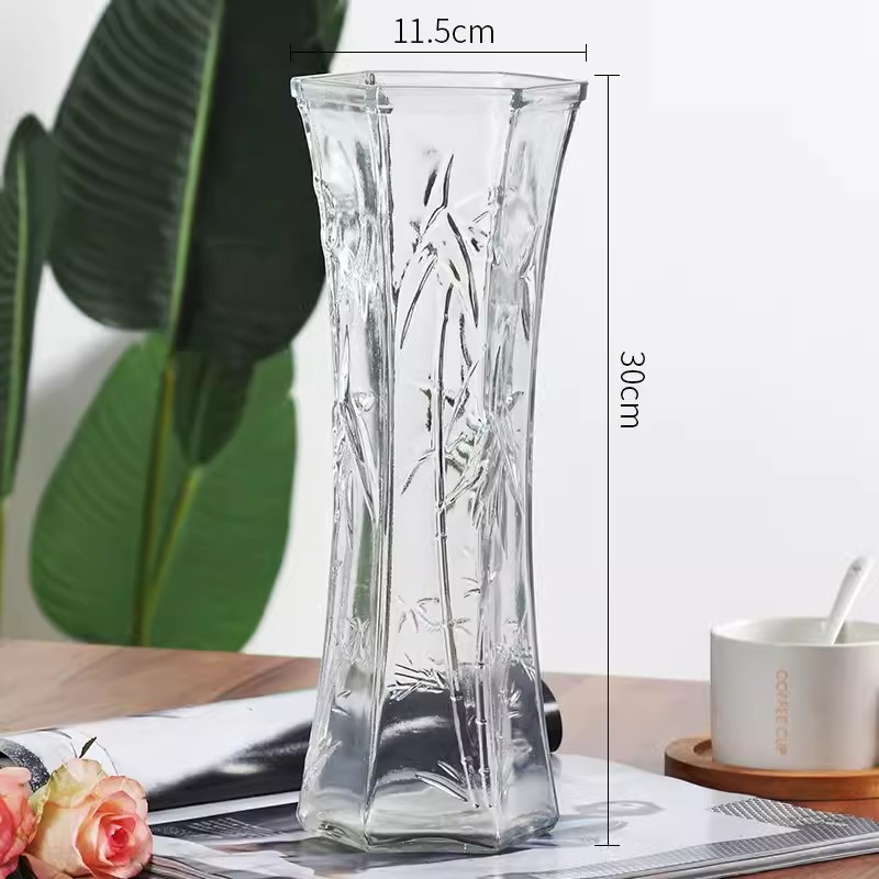 Vaso de gran tamaño de vidrio transparente decoración de sala de estar gran calibre de flores hidroponía rica bambú grueso rosa de bambú
