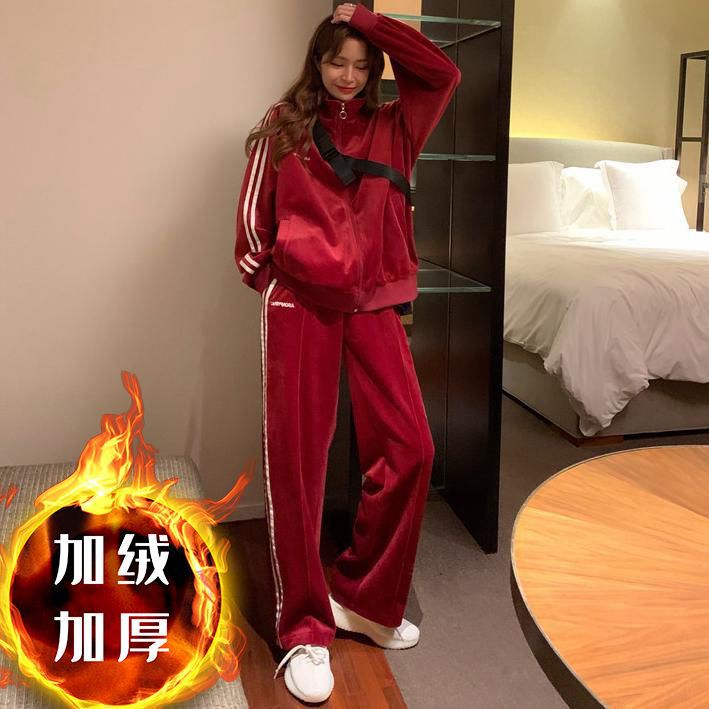 Fleece-Lined Thickened Velvet Tracksuit for Women, Autumn and Winter Casual Sportswear, Loose Korean-Style Student Wide-Leg Pants Two-Piece Set Trendy