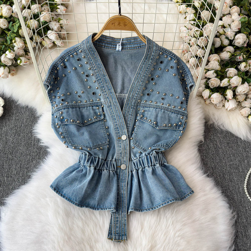 Foreign Trade Hong Kong Style Denim Shirt Vest Women's Spring Style 150cm Petite Outfit Waist-Cinching Sleeveless High-End Beading