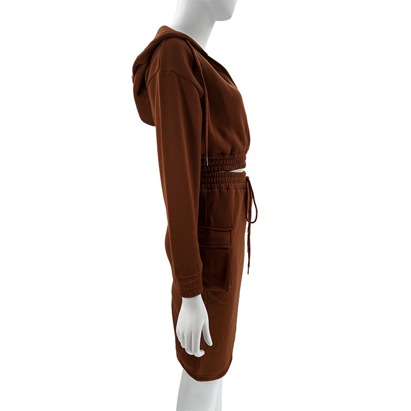 Women's Skirt Suit V Neck Hooded Solid Colour Long Sleeve Set_voghion.com