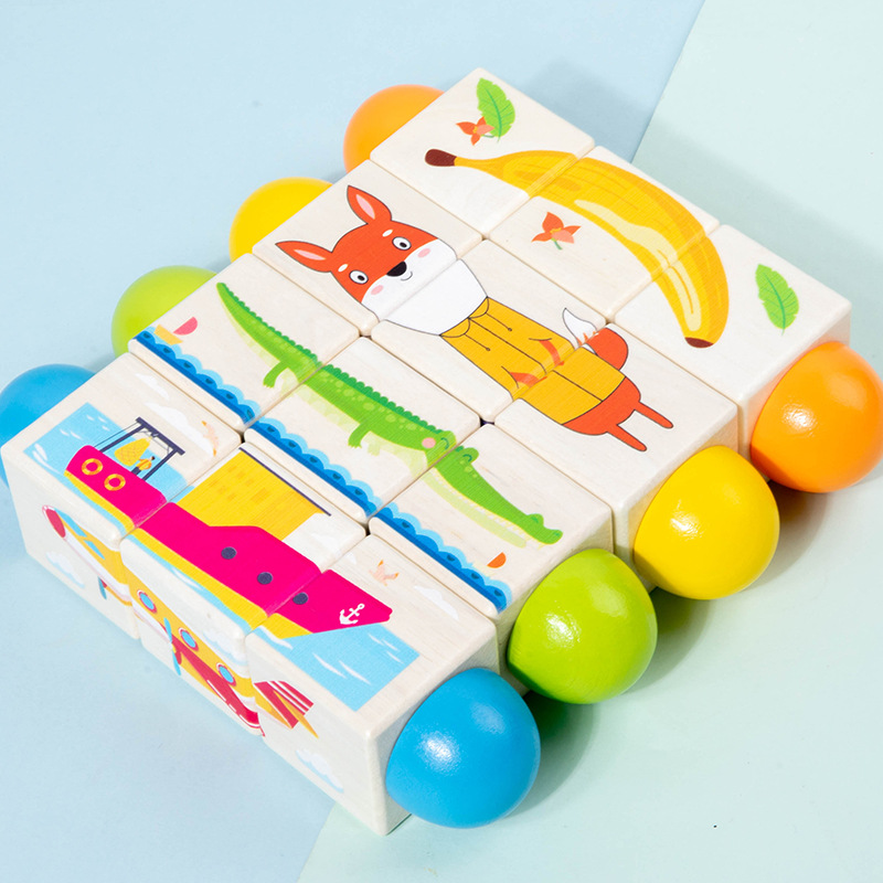 Bloques de construcción de rompecabezas tridimensionales de madera 0-3 agarre animales de dibujos animados tráfico de frutas y verduras rompecabezas giratorio rompecabezas rompecabezas juguetes educativos