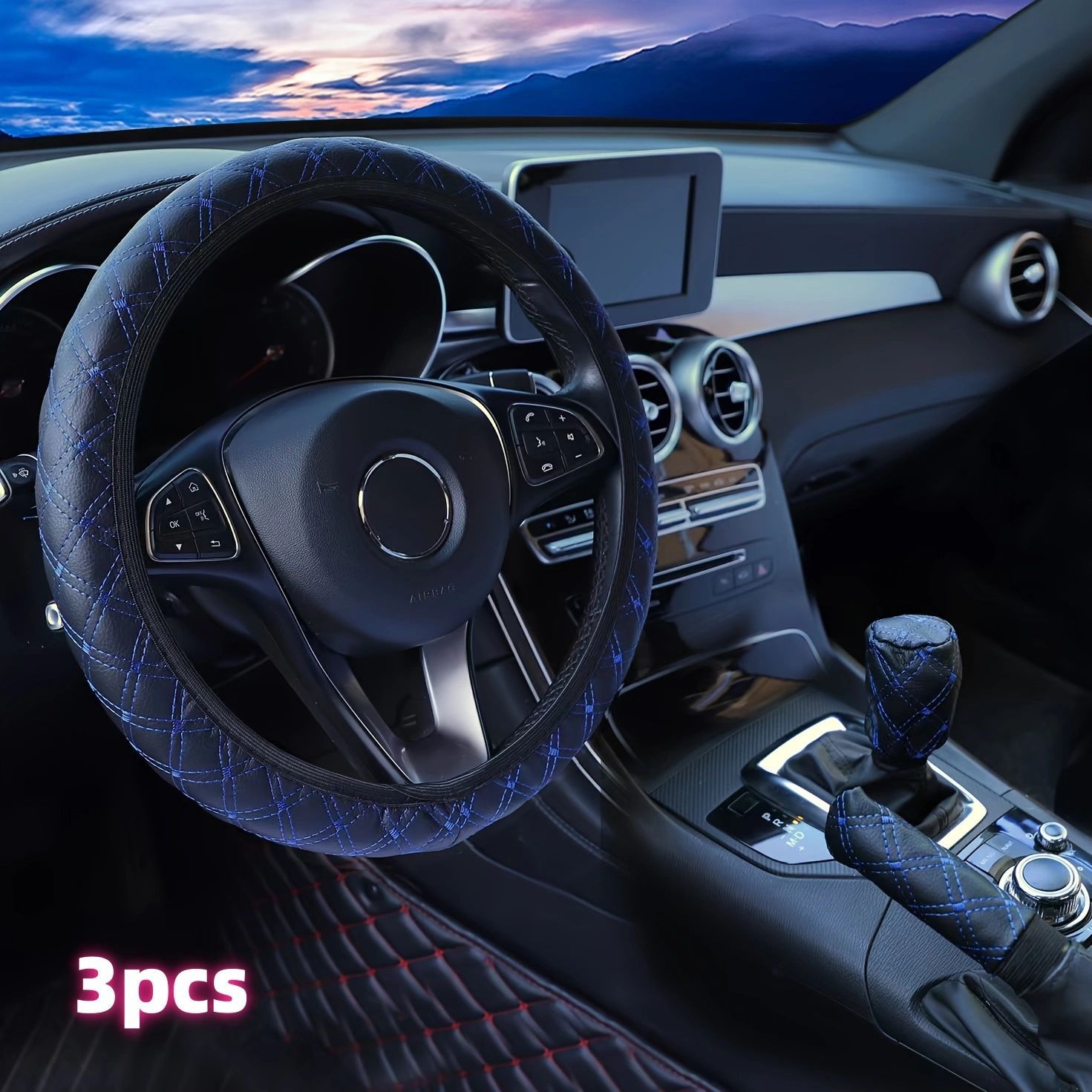 Cross-Border Foreign Trade Specializes in Quilted Embroidered Three-Piece Sets of Car Steering Wheel Covers, Handbrake Covers, and Gear Lever Covers for Amazon, Temu, and Shopee