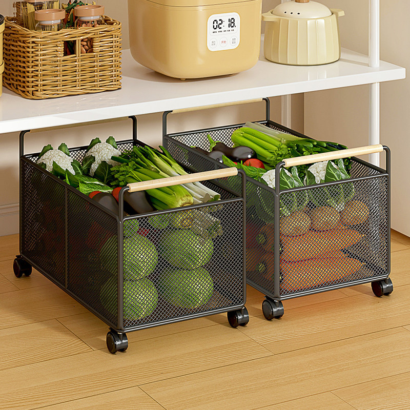 Household Movable Vegetable Storage Rack with Wooden Handle for Kitchen Fresh Produce and Fruit Classification and Storage Organizer