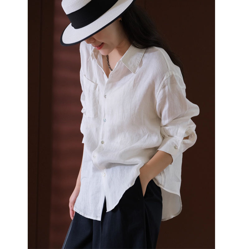 [Clear Oxygen] Heavy Salt Shrinkage Process 21 Ramie Temperament Shell Button Shirt 2025 Spring Women's Wear
