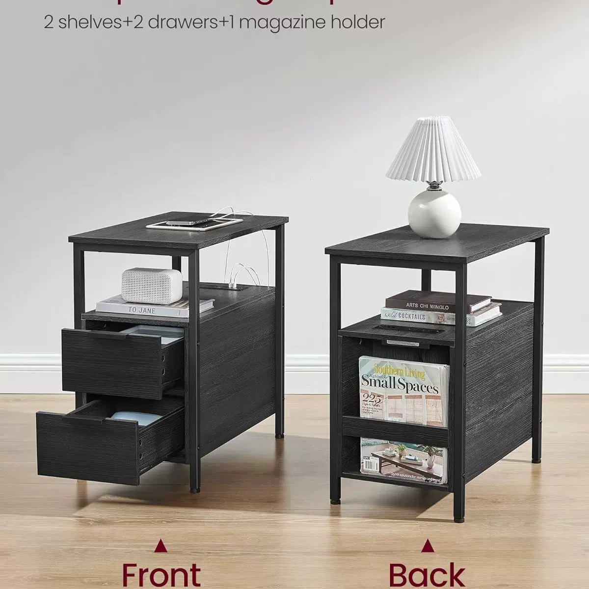 带充电站的边桌和两个抽屉的窄边桌储物空间的细长床头柜