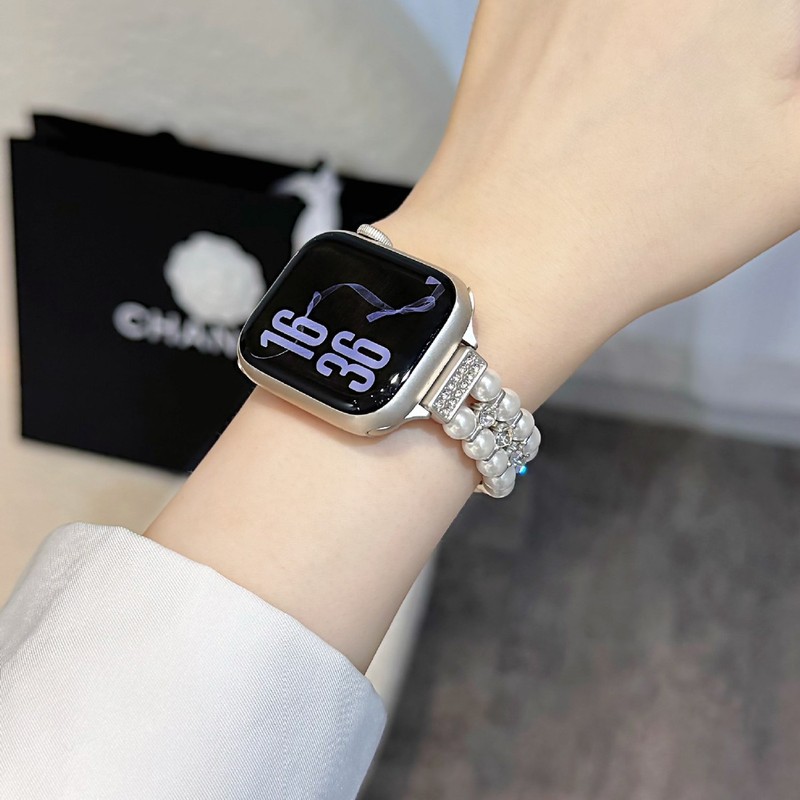适用S10苹果Applewatch56789手表小香风双排珍珠拼金属iwatch表带|undefined