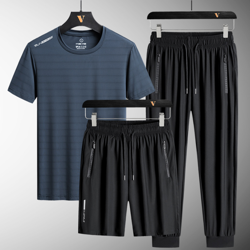 Trajes deportivos casuales para hombres secos rápidos pantalones cortos de mangas cortas pantalones largos para hombres tres piezas de hielo ropa de correr para hombres al por mayor