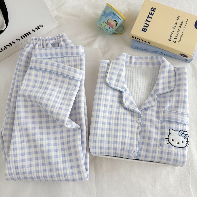 Algodón de aire al por mayor transfronterizo pijama intercalado de mujeres otoño invierno calentamiento algodón intercalado grueso cardigan dulce ropa de casa a cuadros