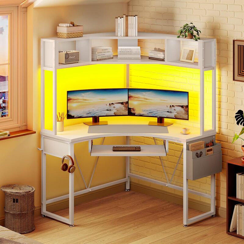 Rectangular Desk with Book Storage Rack and Keyboard Tray, Includes a Light Strip, Suitable for Gaming Computer Desks in Small Spaces