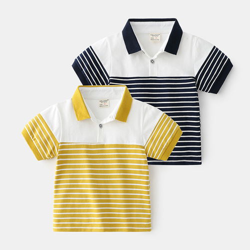 Supply Summer Medium and Small Boys' Cotton Casual Striped Short Sleeve Soft Moisture-Wicking Trendy Short Sleeve
