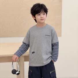 2026秋季新款儿童洋气刺绣假两件上衣男中大童条纹拼接长袖T恤潮